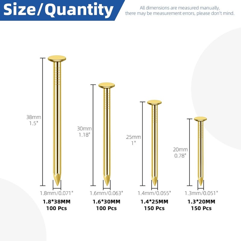 Glarks 500pcs 3/4’’ 1’’ 1-3/16’’ 1-1/2’’ Length Nail Assortment Kit, Golden Hanging Nails, Finishing Nails, Wall Nails, Wood Nails, Common Nails, Hardware Nails for Picture Wall Hanging - Image 2